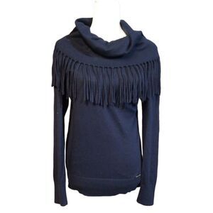 Michael Michael Kors Pullover Cowl Neck Dark Navy Sweater With Fringe Size S